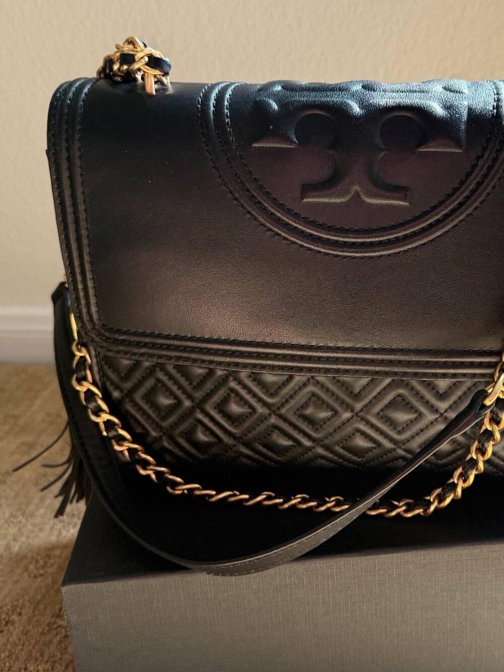 Tory Burch Black Fleming Quilted Convertible Bag and Complementary Wallet
